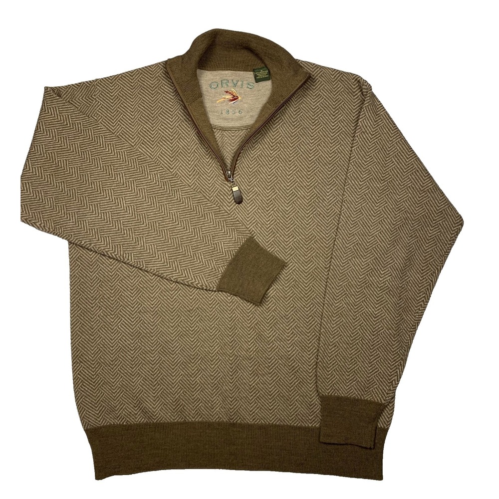 Orvis Merino Wool Sweater Mens Medium Brown Herringbone Quarter Zip M